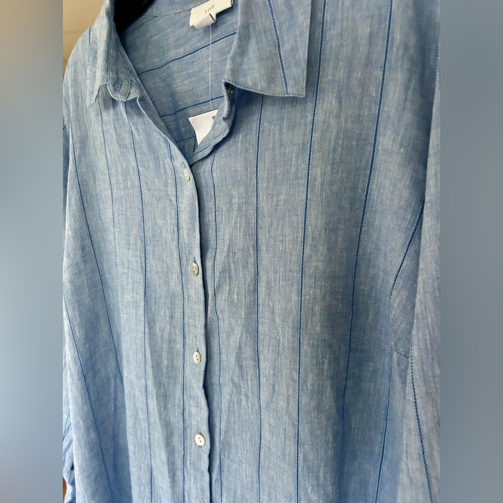 NWT J. JILL Blue Linen Stripe Long Sleeve Button Down Shirt Classic Office | XLP - Picture 6 of 16